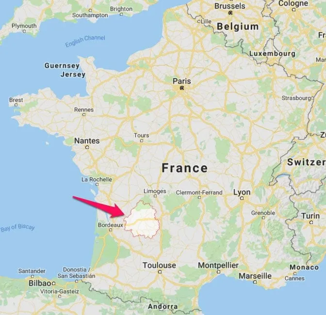 The region of Dordogne France, highlighted, south of Limoges, north of Toulouse and east of Bordeaux. luxury holiday bordeaux and dordogne