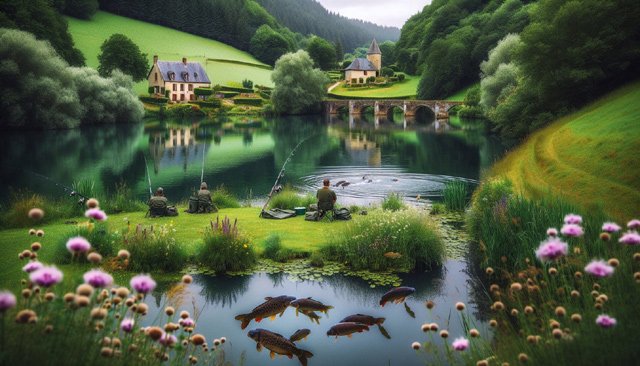 Scenic natural carp fishing lake in France